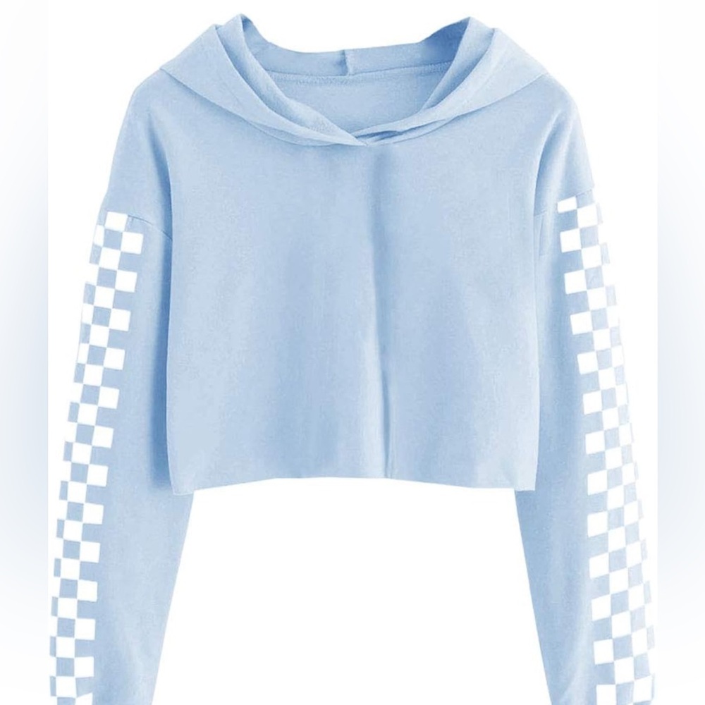 Imily Bella youth crop hoodie checkered long sleeves light blue size 13/14 (160)
